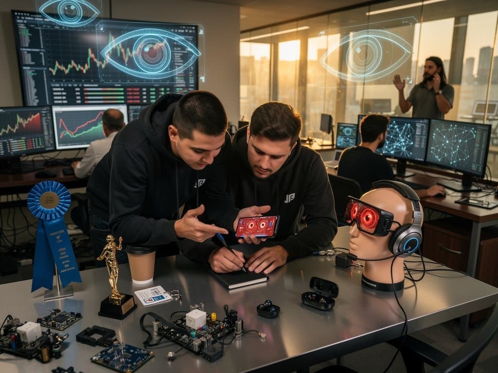 AI eye-tracking smartphone interface and NMES headset in tech lab with BTC charts