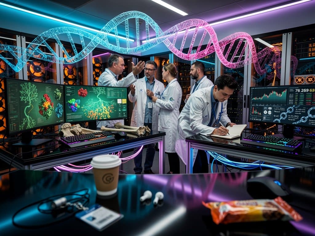 Bioinformaticians analyze ancient DNA helices and AI protein models on multi-monitor setups in high-tech lab workspace