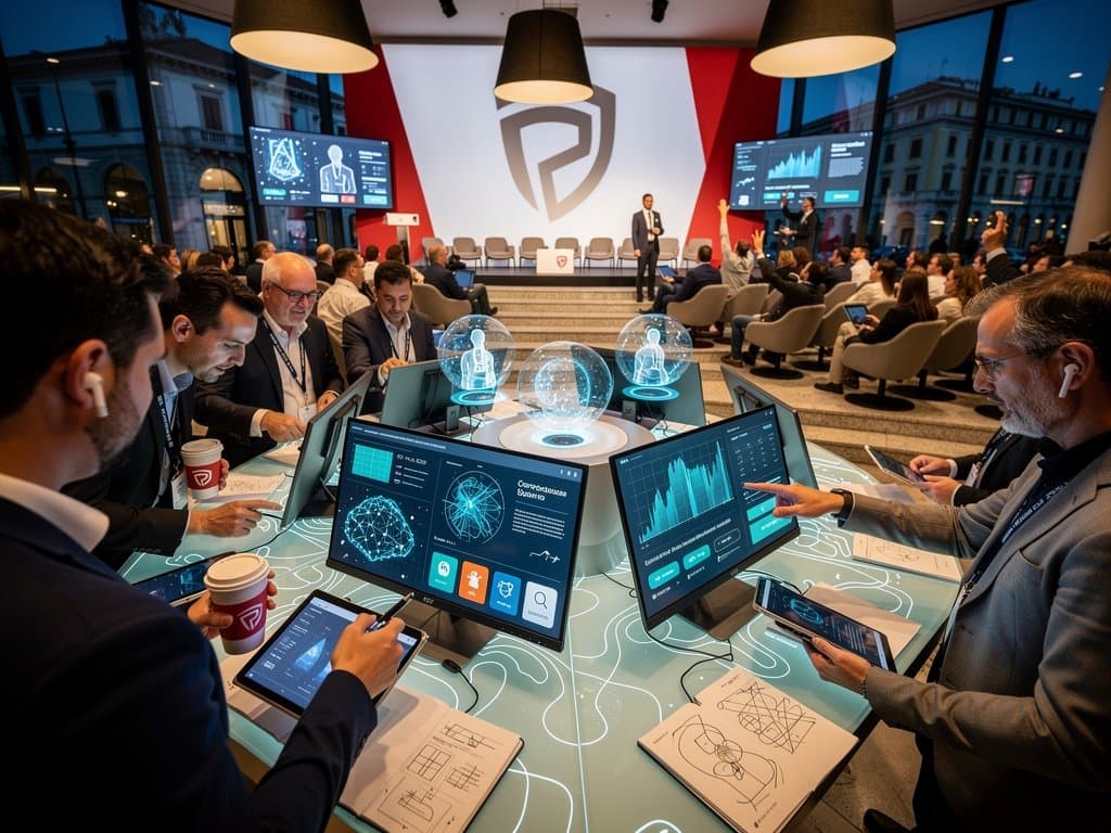 Educators clustered around AI demo screens and interactive tables in Oracle's sleek Milan innovation hub during event