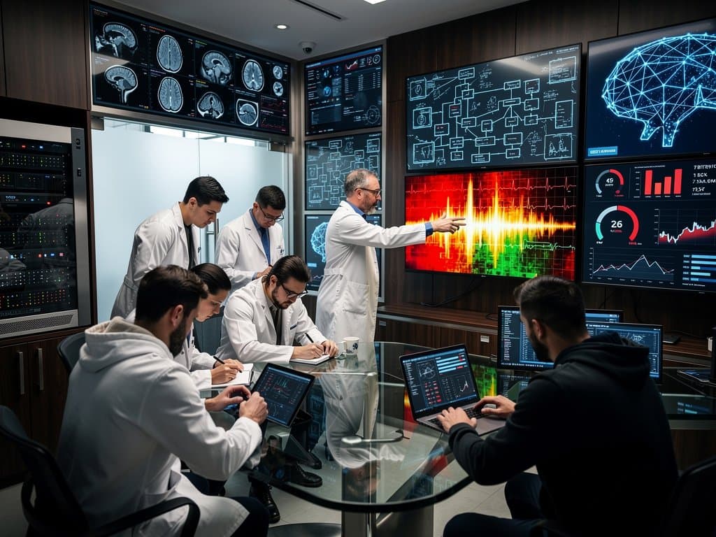 Doctors and engineers in AI lab analyze medical scans with diagnostic overlays in modern workspace