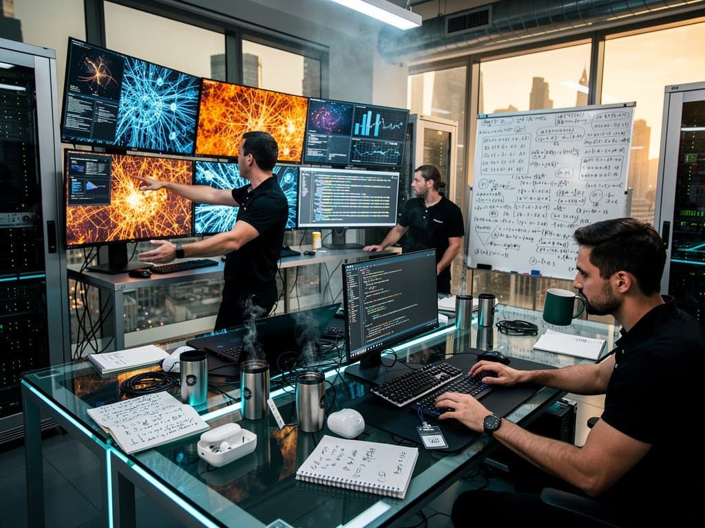 High-tech AI lab with neural network screens, server racks, whiteboards, and city skyline view in innovative atmosphere