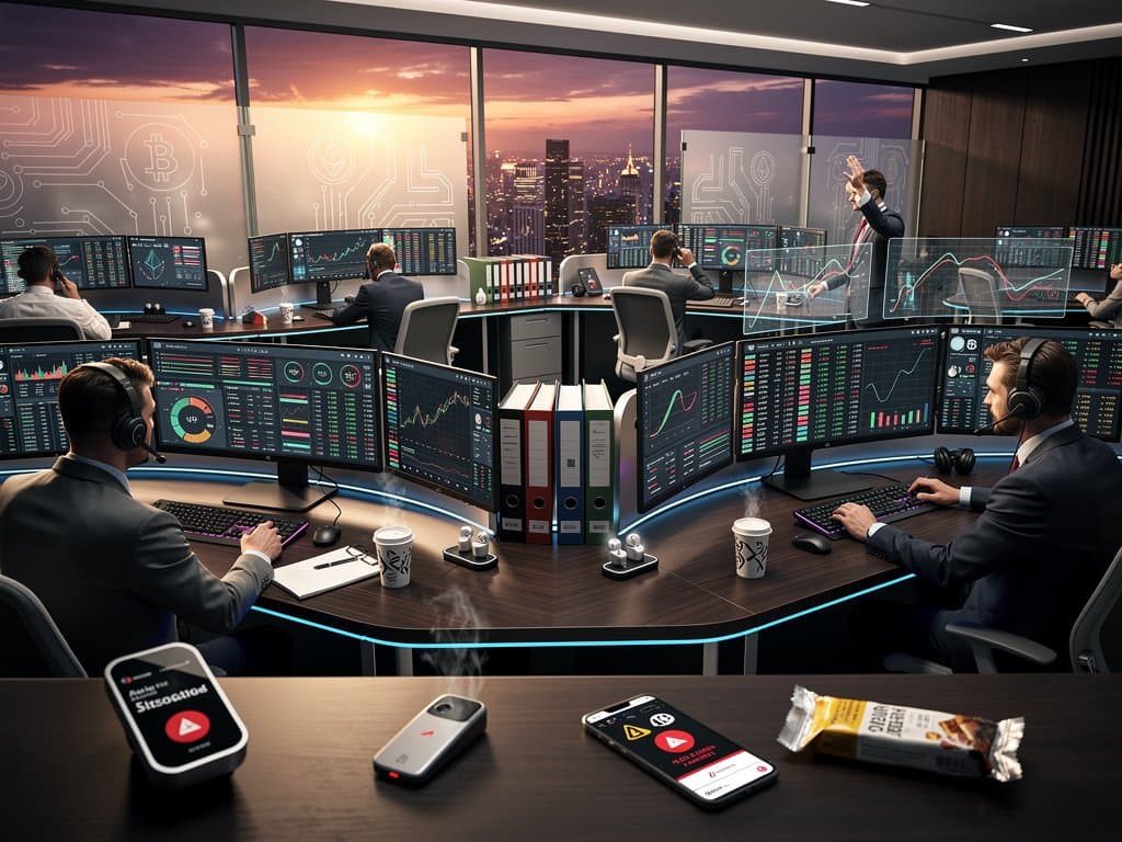 Trading floor monitors show falling crypto prices, Bitcoin at $75K, Fear Index 26, city skyline view