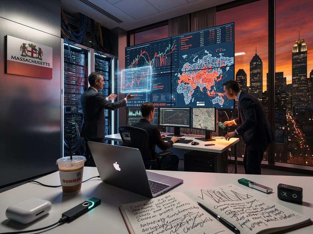 Cybersecurity team monitors crypto scams in Boston command center with blockchain charts, hardware wallets, and city skyline
