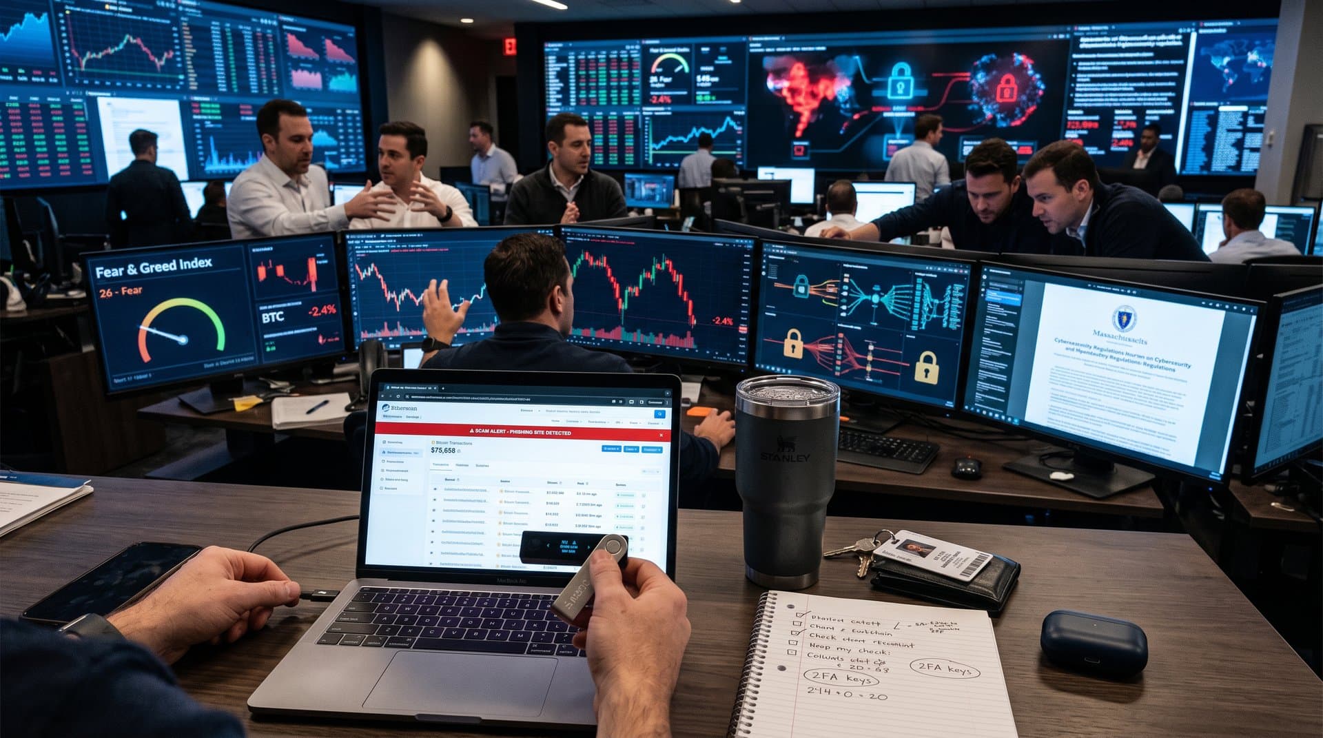 Hardware wallet securing crypto transactions on laptop with Etherscan, Fear & Greed Index at 26, scam alerts, Massachusetts AG guidelines, market dip charts