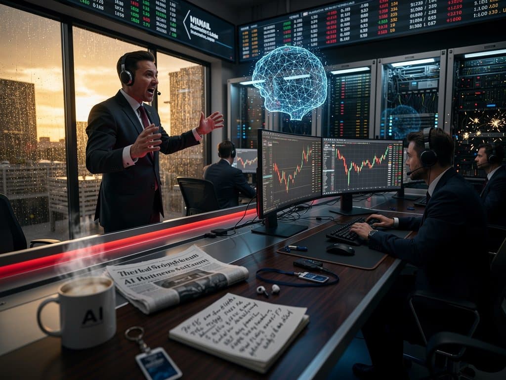 Crypto trading screens show red selloff charts, Fear & Greed at 27, AI debate newspaper headline in high-tech finance hub