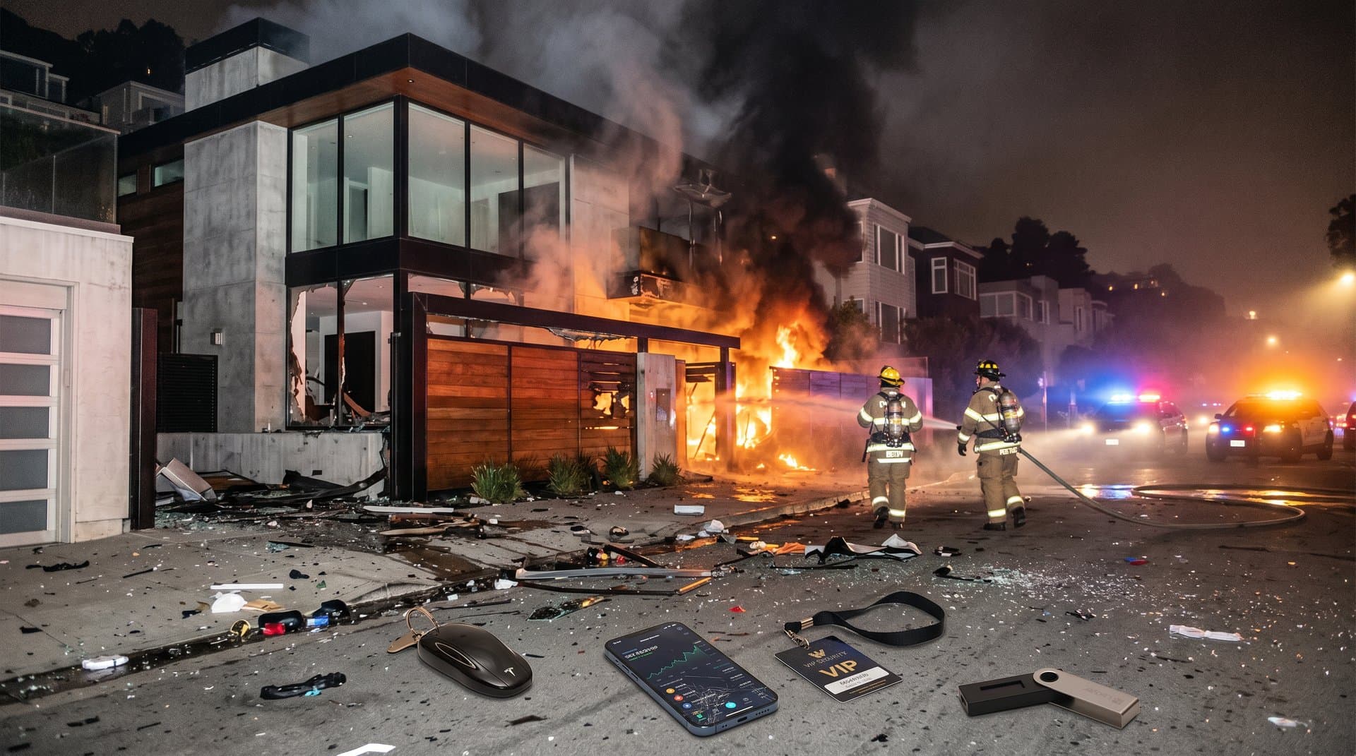 Fiery Molotov attack on Sam Altman's home overlays plunging crypto charts in dramatic breaking news style