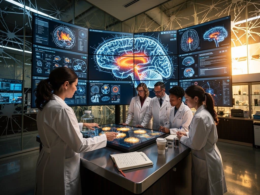 Neuroscientists analyzing fMRI scans of fatherhood brain changes with AI overlays in high-tech lab