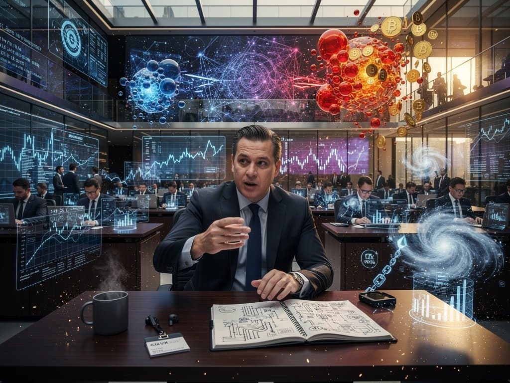 Abstract AI neural networks exploding with financial bubbles and plunging crypto charts in dramatic tech-finance style