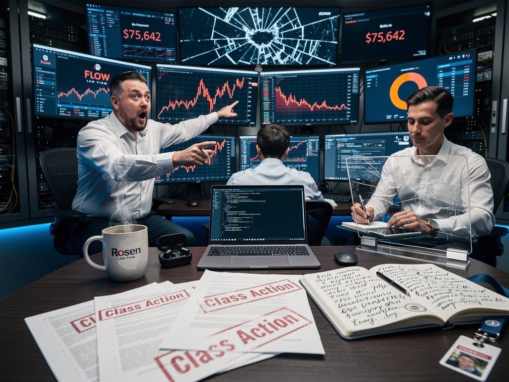 Glowing crypto charts and vulnerability code on trading screens amid class action documents and market tickers