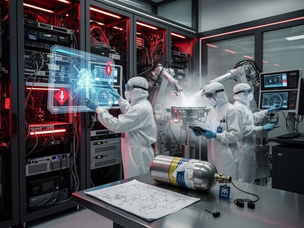 Futuristic semiconductor cleanroom with idle EUV machines under red alert lights, holographic helium shortage warnings, and plunging AI stock charts
