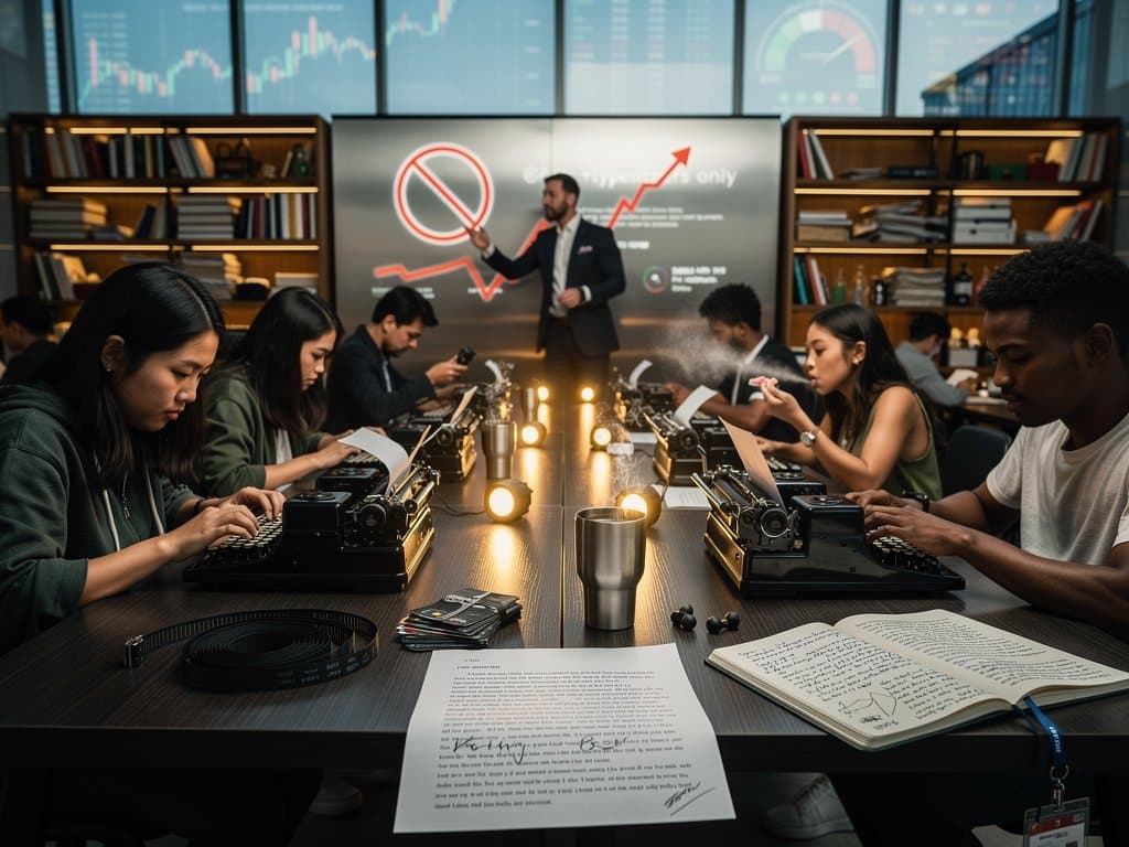 Typewriter on classroom desk blocks AI cheating with BTC price drop chart in background