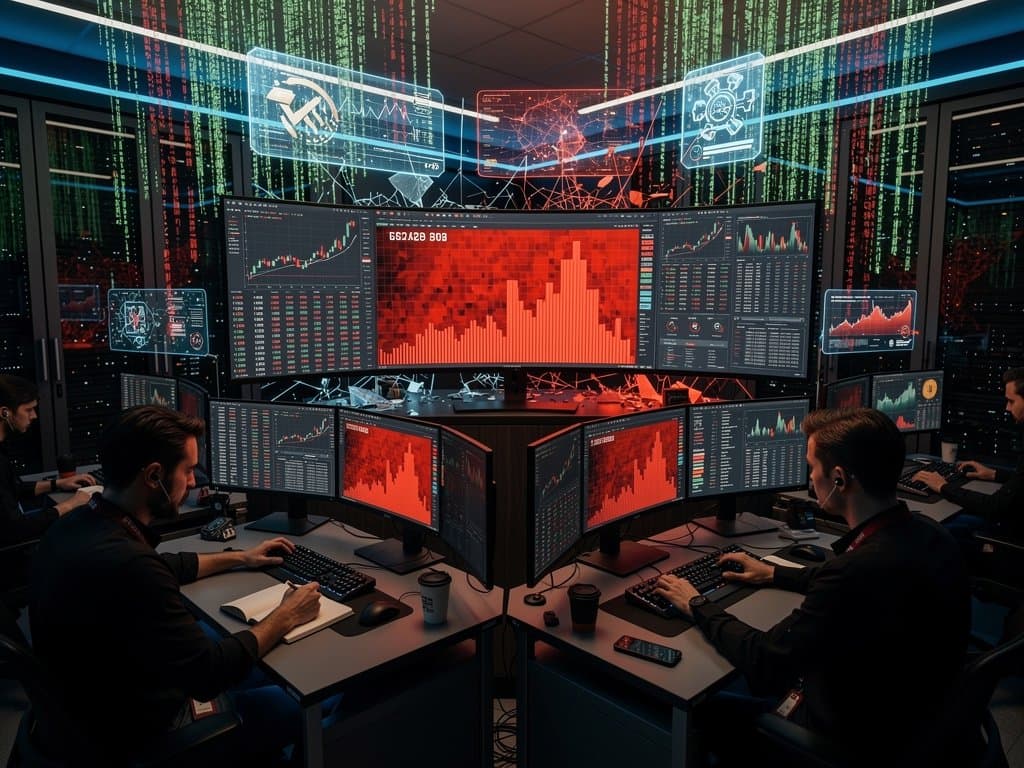 Traders monitor crashing crypto charts on Bloomberg terminals amid red screens on Goldman Sachs trading floor