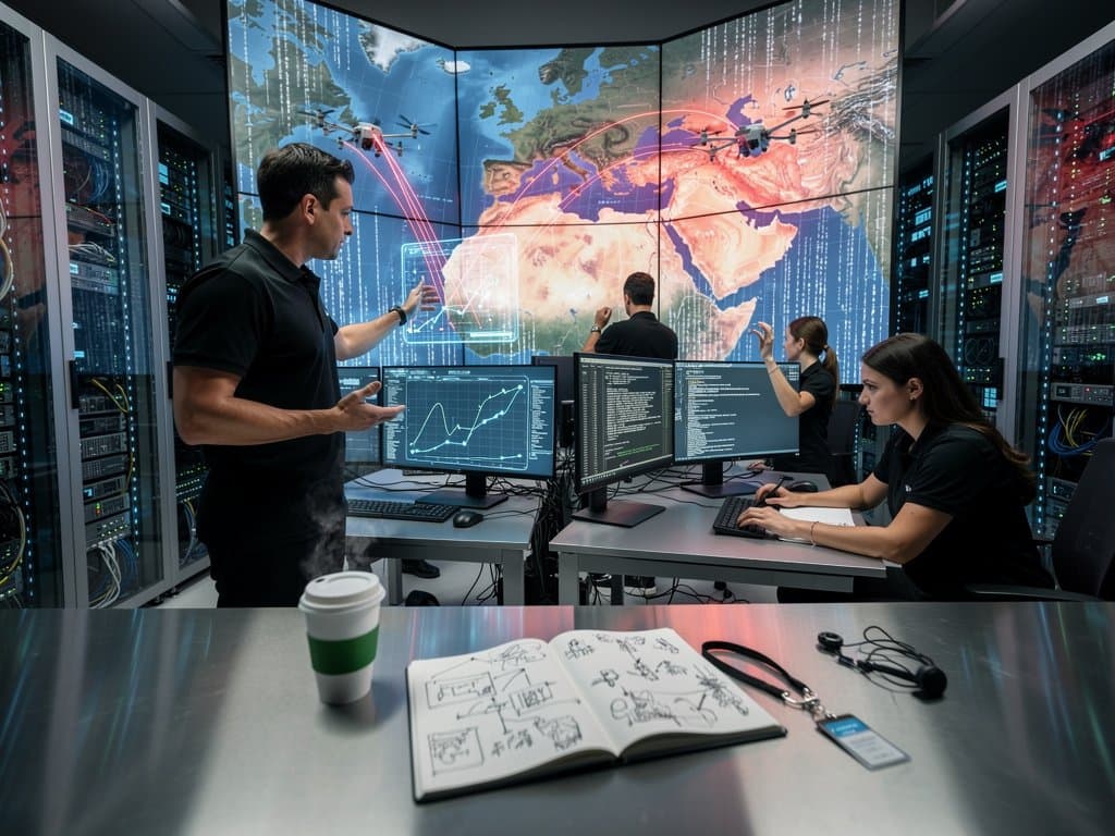 AI drone swarm simulations over Middle East map on video wall in futuristic cybersecurity ops center