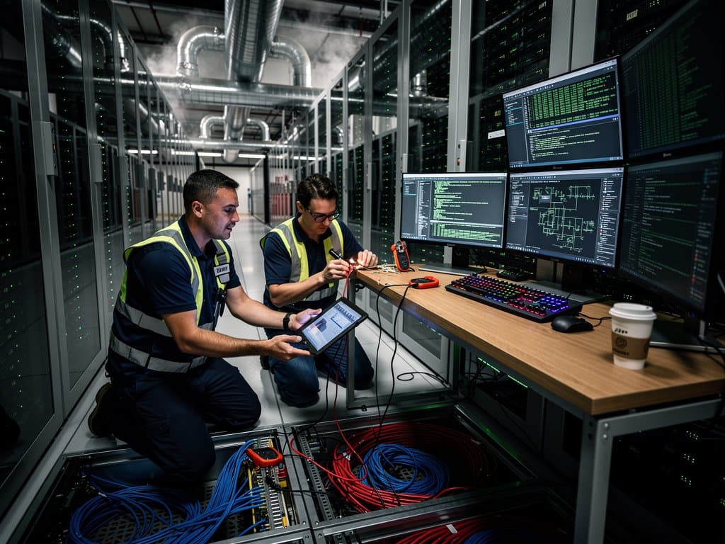 Cybersecurity engineers inspect raised floor cables and monitor ancient code scans in a premium Tier IV data center operations hub
