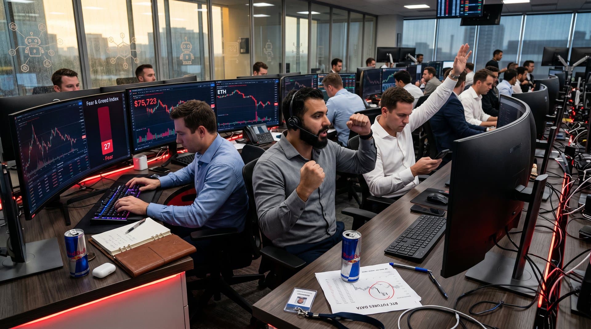 Crypto trading screens show Bitcoin at $75,723 and Fear & Greed Index at 27 amid red charts on high-tech desk