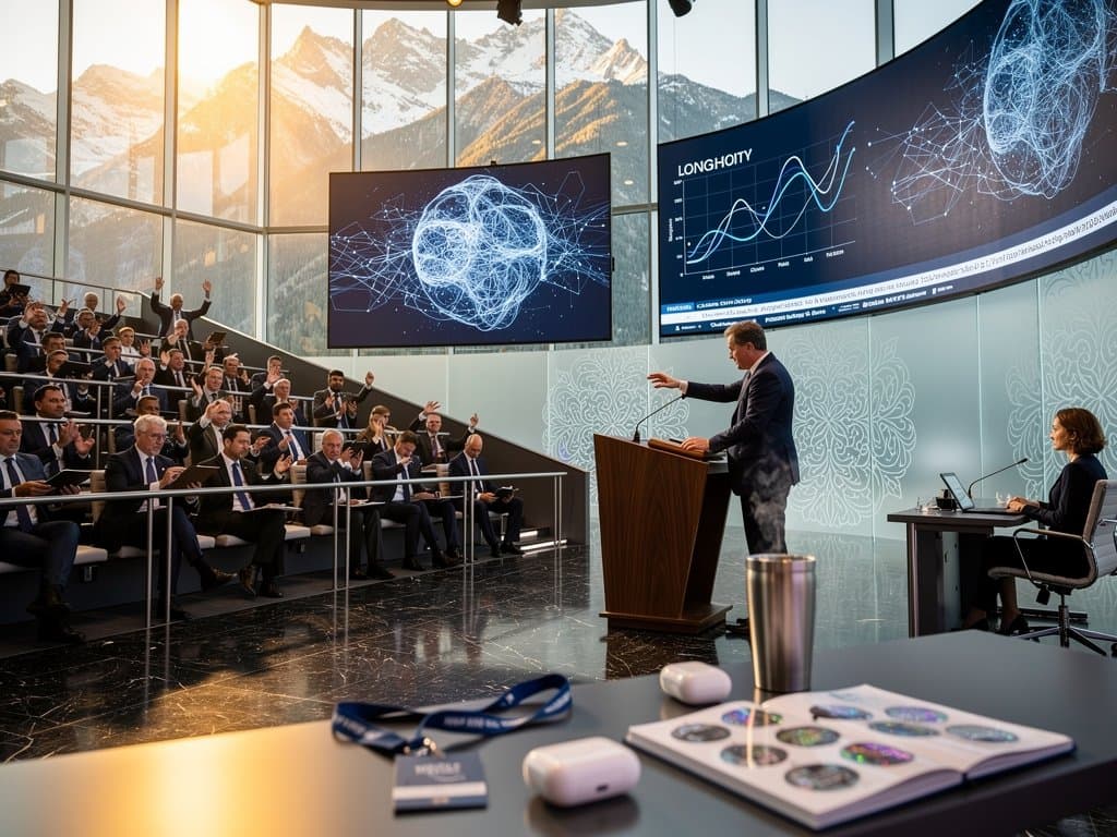 Futurist speaker gestures on World Economic Forum stage to engaged audience with executives, screens, and alpine views in background