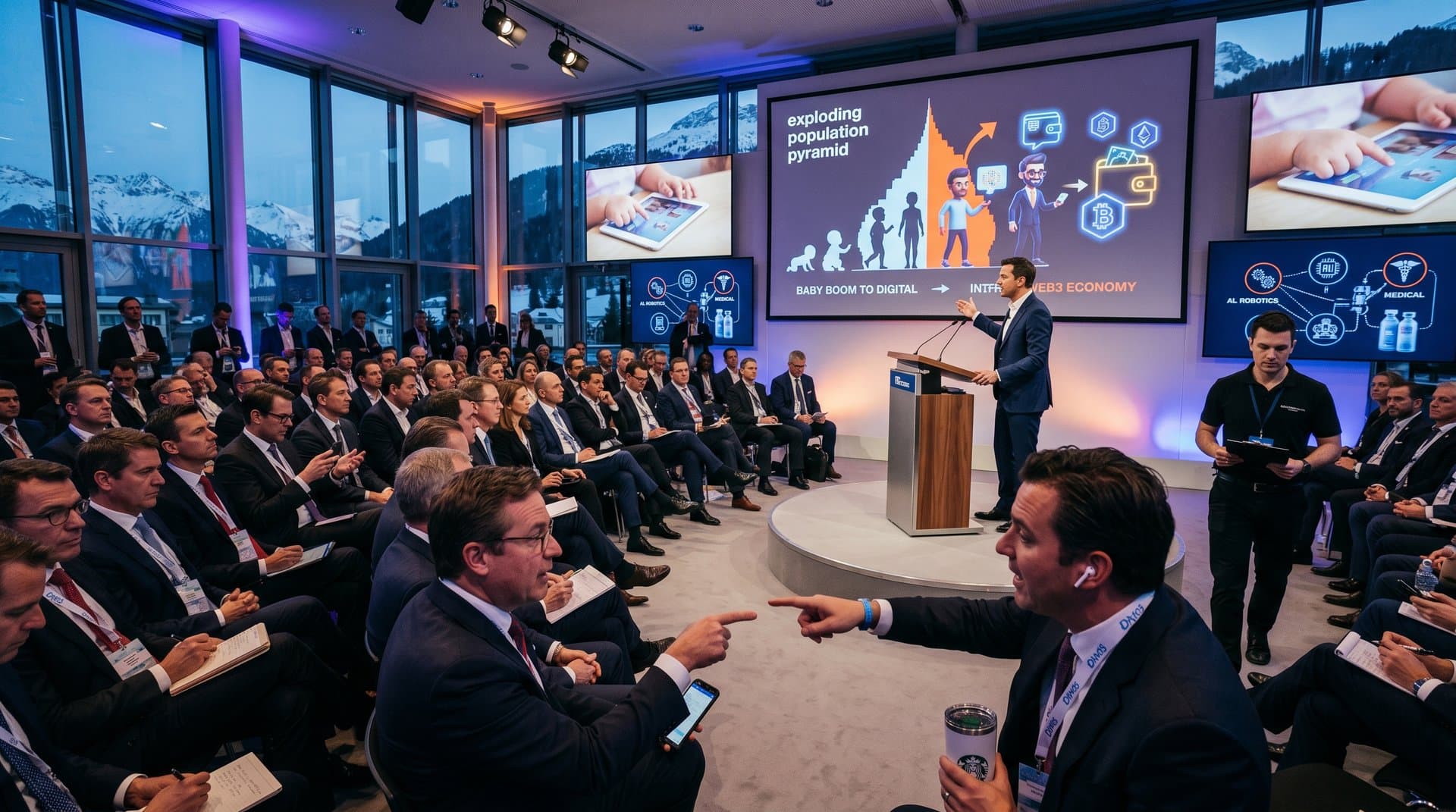 Futurist at Davos podium with executives viewing crypto charts and demographic graphs against alpine backdrop