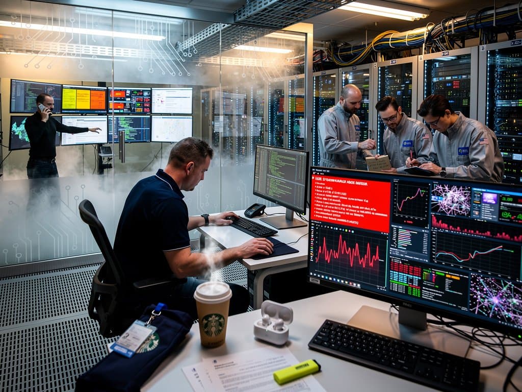 Data center team responds to Vercel breach alerts amid server racks and crypto charts