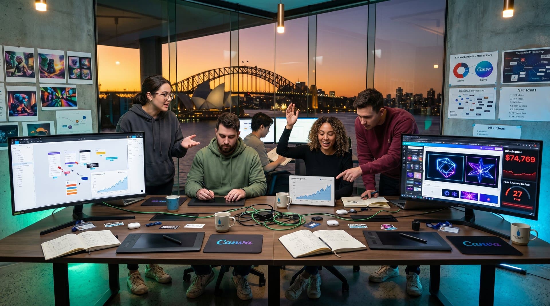 High-tech creative studio with monitors showing Figma and Canva designs, overlooking Sydney skyline at dusk