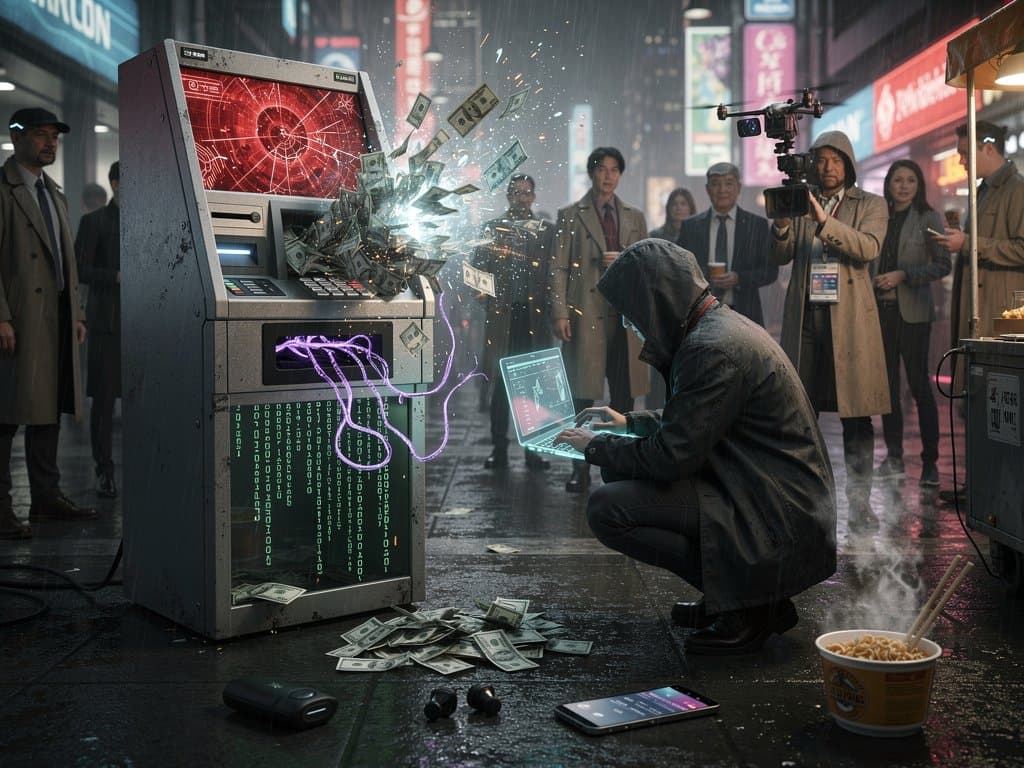 Glitching ATM spewing cash under AI bots ATMs cyber attack in neon-lit night street