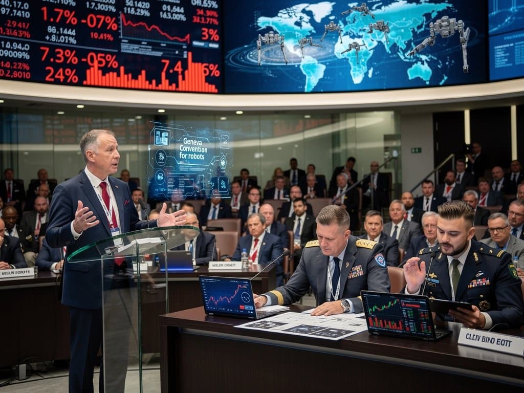 Futurist speaker on World Economic Forum stage amid panel with Bloomberg screens, delegates, and AI visuals on LEDs