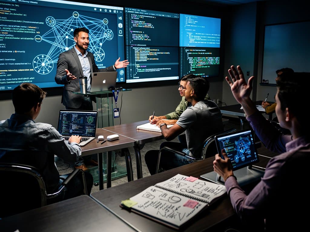 Educators and students collaborate on AI syllabus projects in modern classroom with screens showing neural networks and code (98 chars)