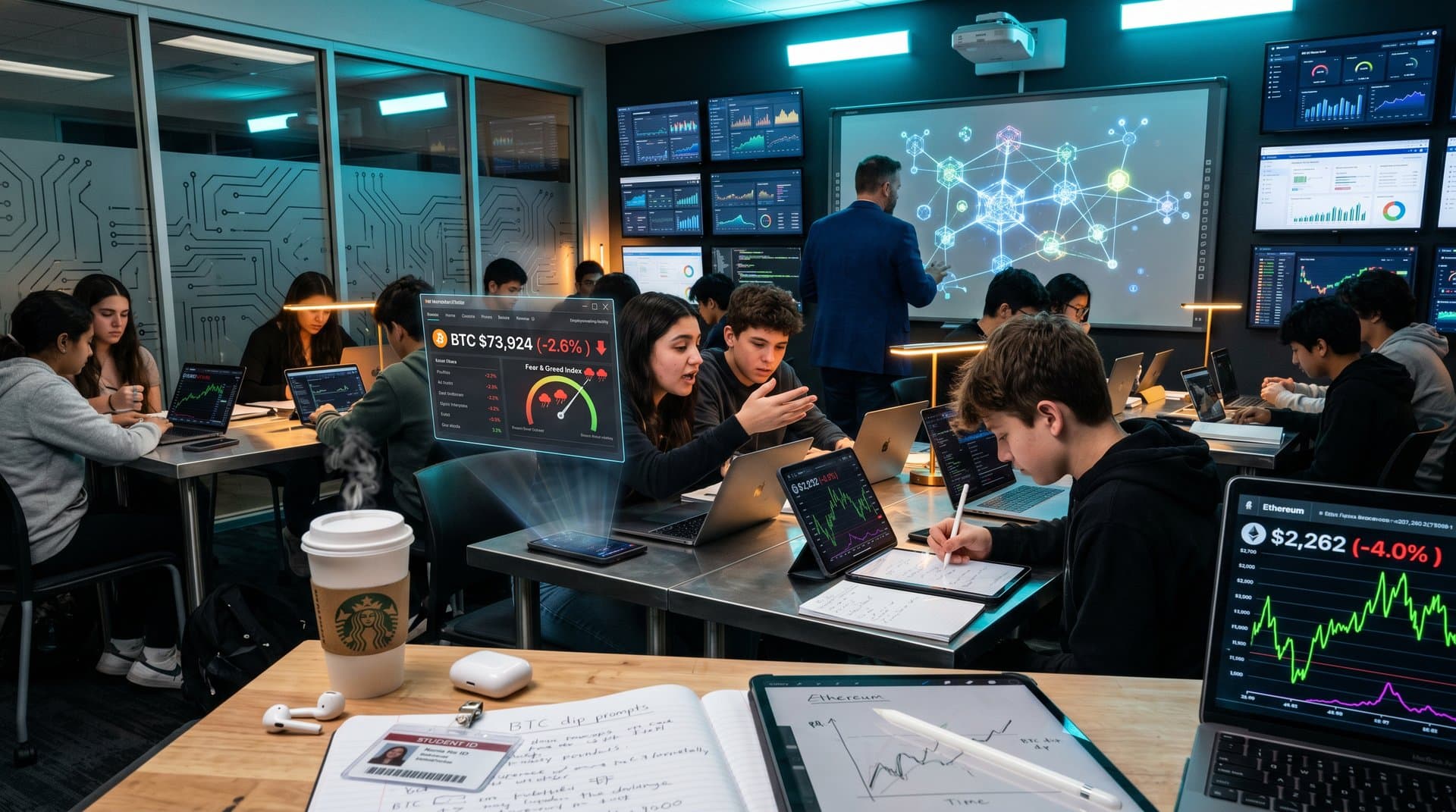 Futuristic AI classroom with crypto charts and ChatGPT interfaces redesigning syllabuses