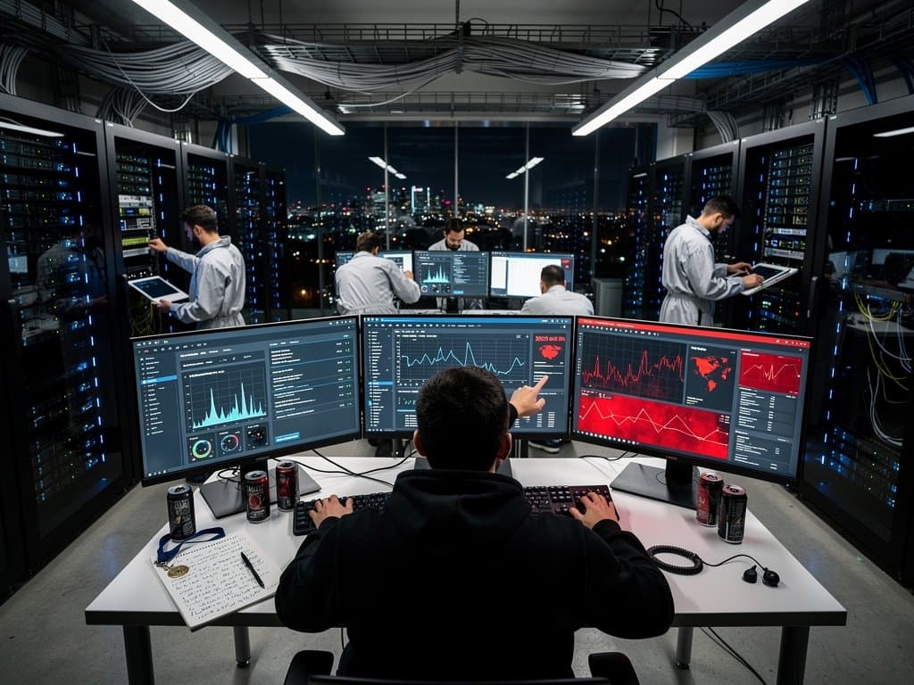 Engineer monitors Vercel dashboards on multi-screen setup in busy Tier IV data center control room with technicians inspecting cables