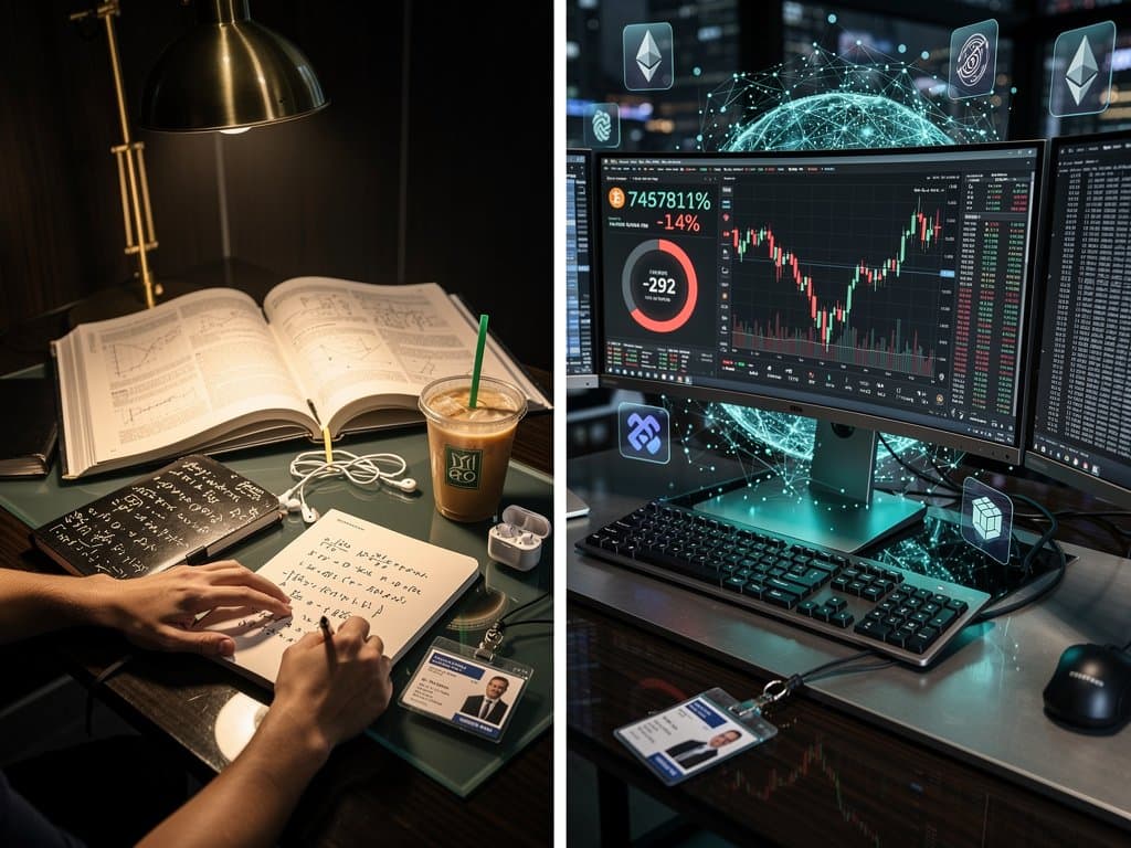 Holographic neural networks and Bitcoin charts emerging from school textbooks in futuristic AI education transformation