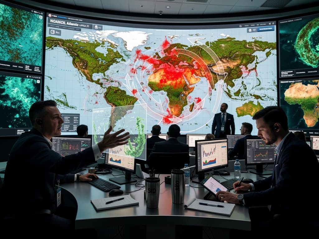 Satellite map of ocean with AI-highlighted floating algae blooms and crypto market charts