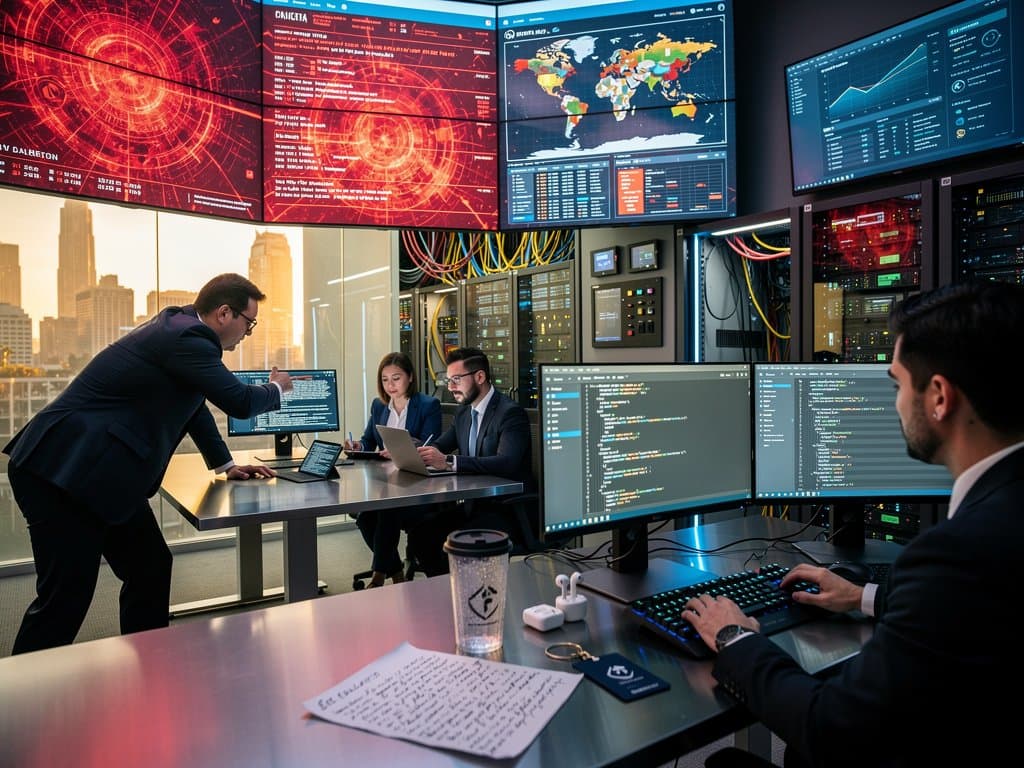 Cybersecurity team analyzes Notion email leak threats on video wall in modern fintech SOC with monitors and servers