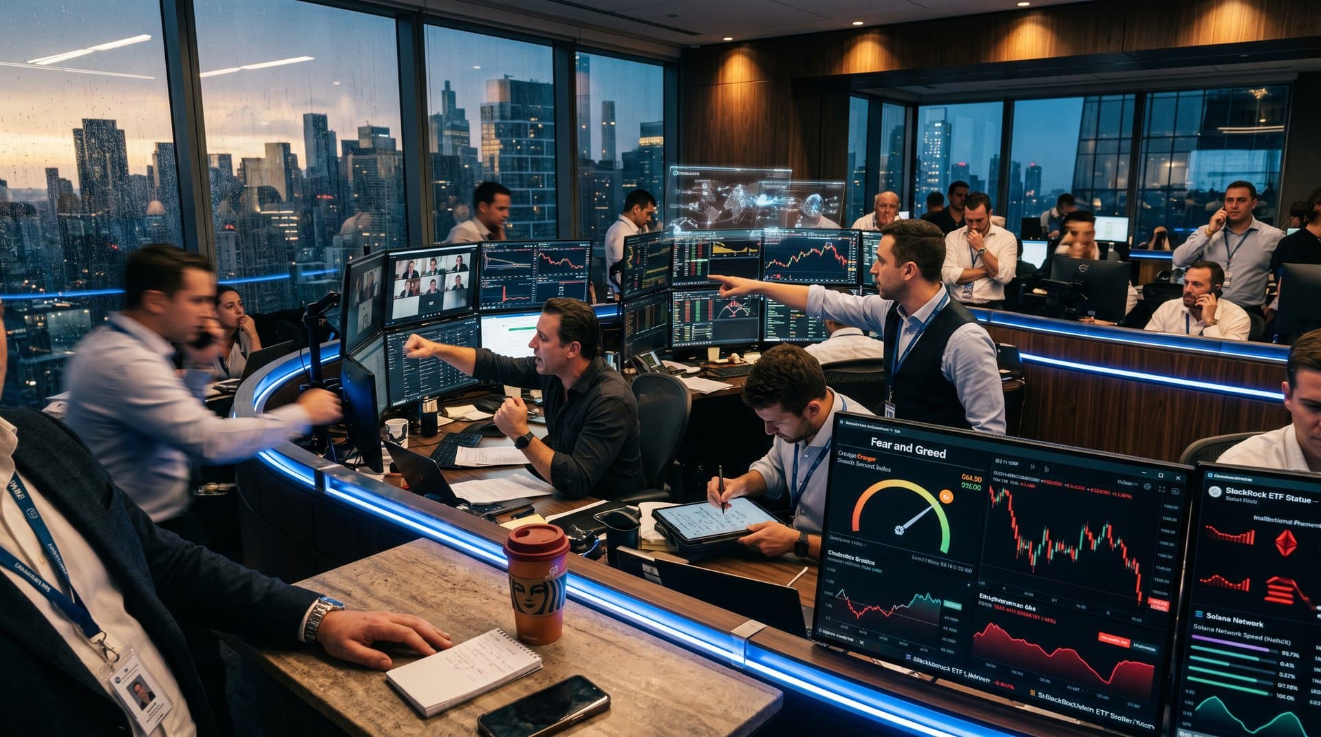 Smart fridge, car dashboard, and dating app screens showing AI and blockchain features with BTC price chart and Fear Index overlay