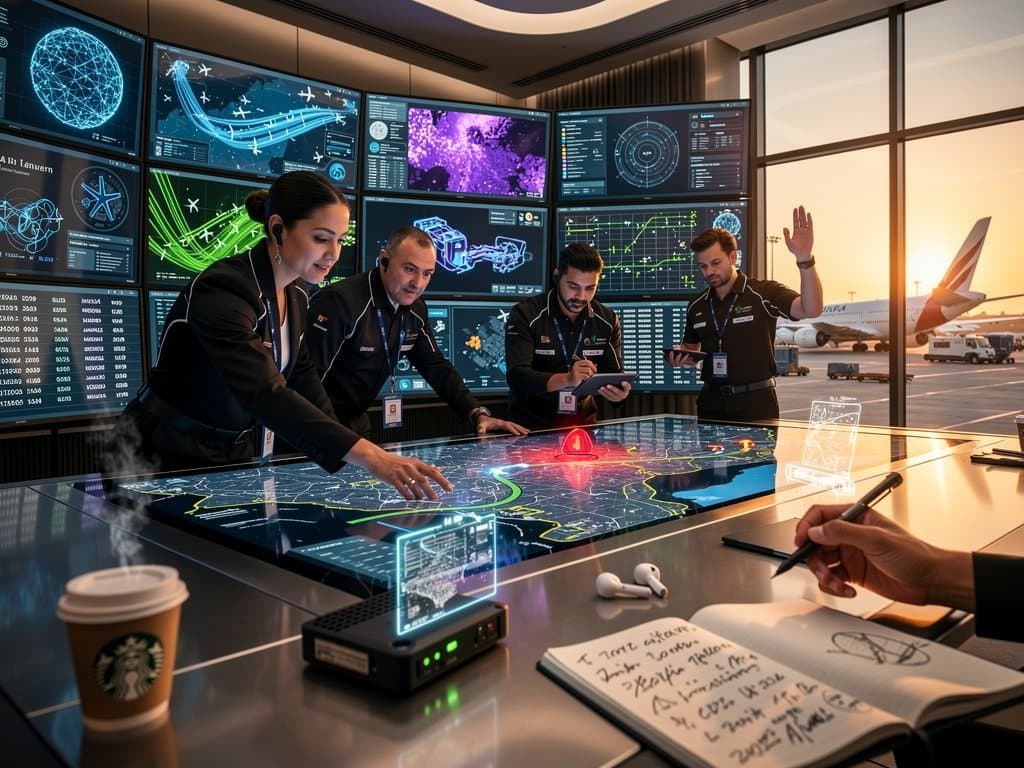 High-tech control center with AI dashboards monitoring airport operations and flights