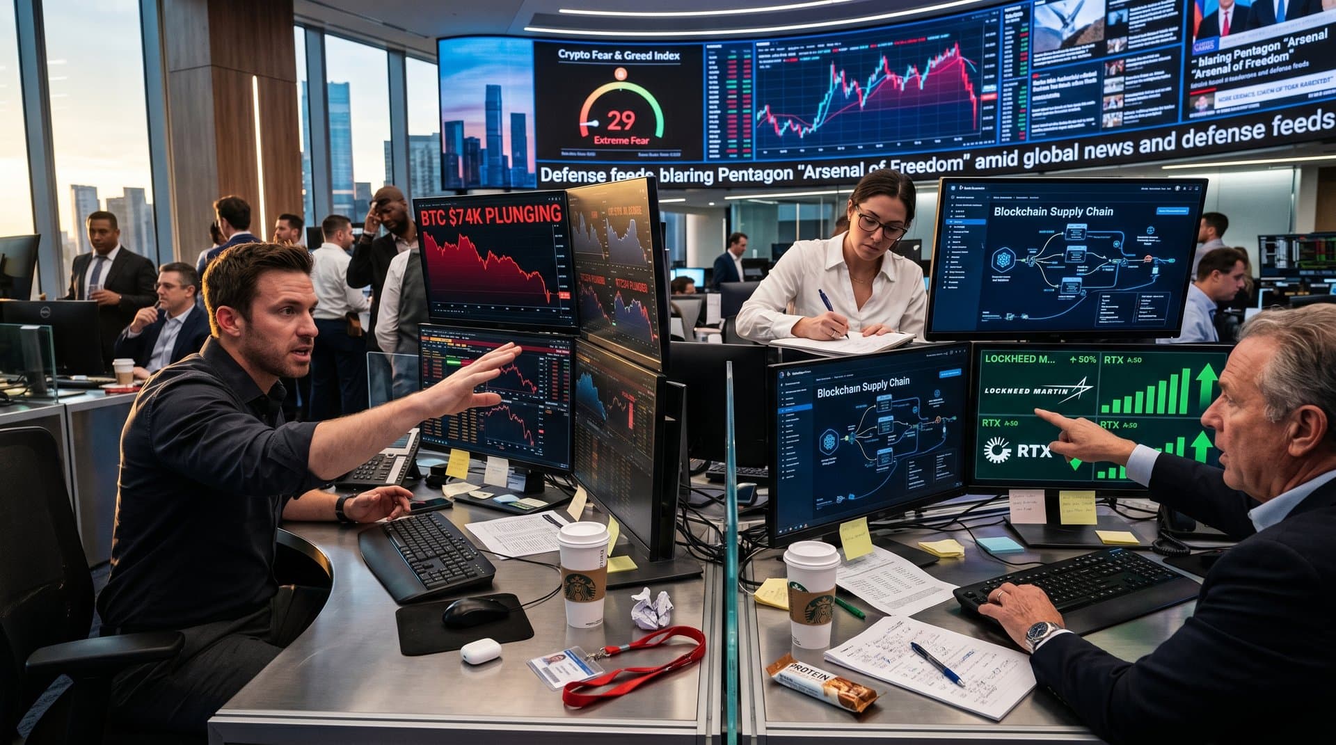 Trading screens show BTC charts, defense stocks, and blockchain visuals amid Arsenal of Freedom news