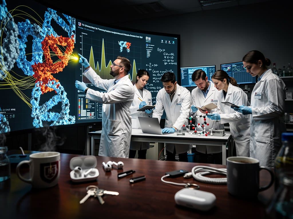 Penn Engineering researchers analyze AI-generated 3D RNA structures on screens in high-tech lab amid collaborative workstations