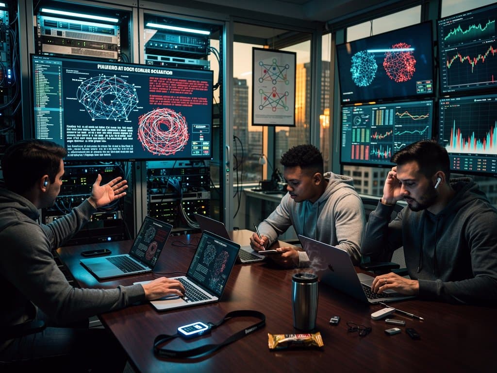 AI lab engineers analyze campus sentiment models on monitors amid collaborative high-tech setup with graphs and servers