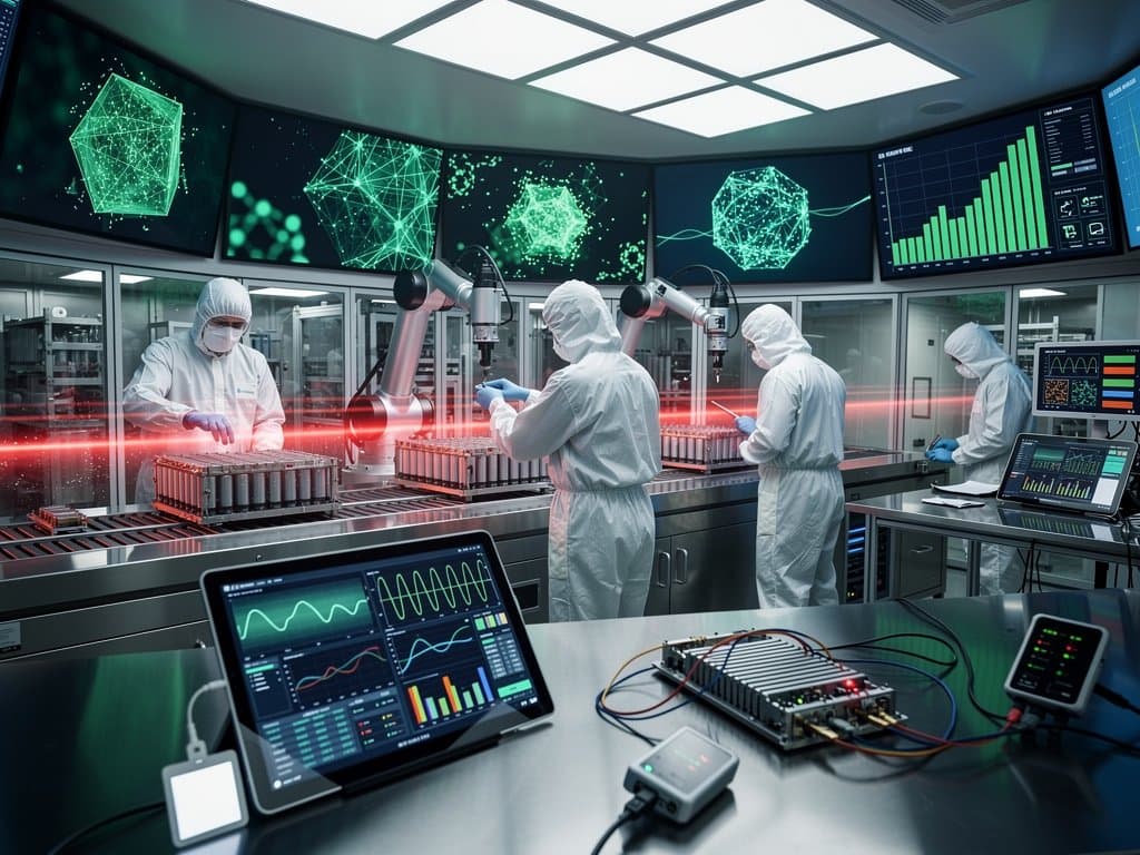 BMW engineers and Zagreb researchers collaborate in high-tech cleanroom on AI battery simulations amid robotic assembly lines and glowing monitors