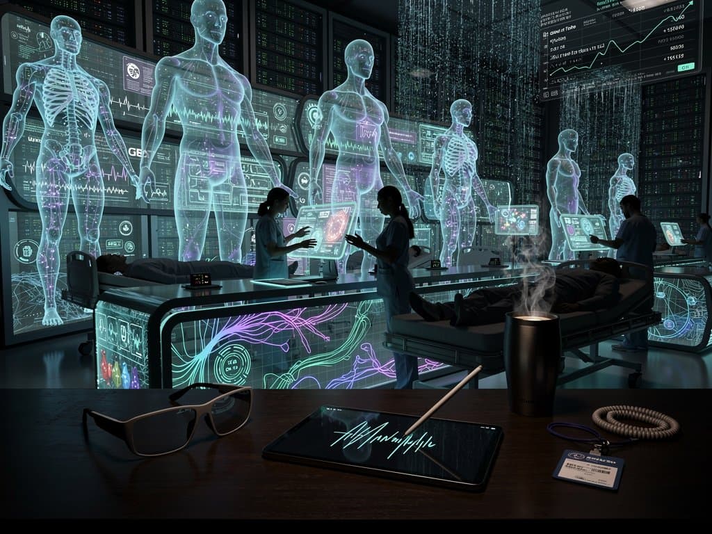 Abstract holographic AI doctor clones scaling in virtual ER with crypto charts overlay