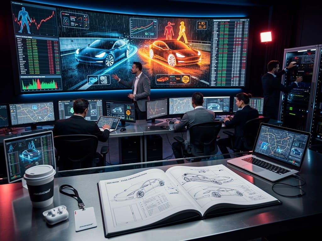 Cyberpunk screens display Tesla Autopilot crash simulations, stock plunge, and data logs in neon-lit high-tech center