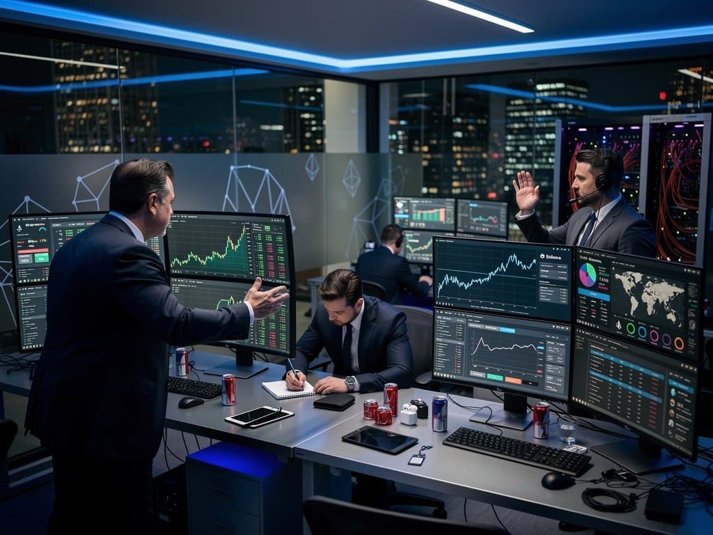 Trading screens display BTC $75K spot-derivatives alignment, Fear & Greed 29, Yahoo Finance efficiency charts