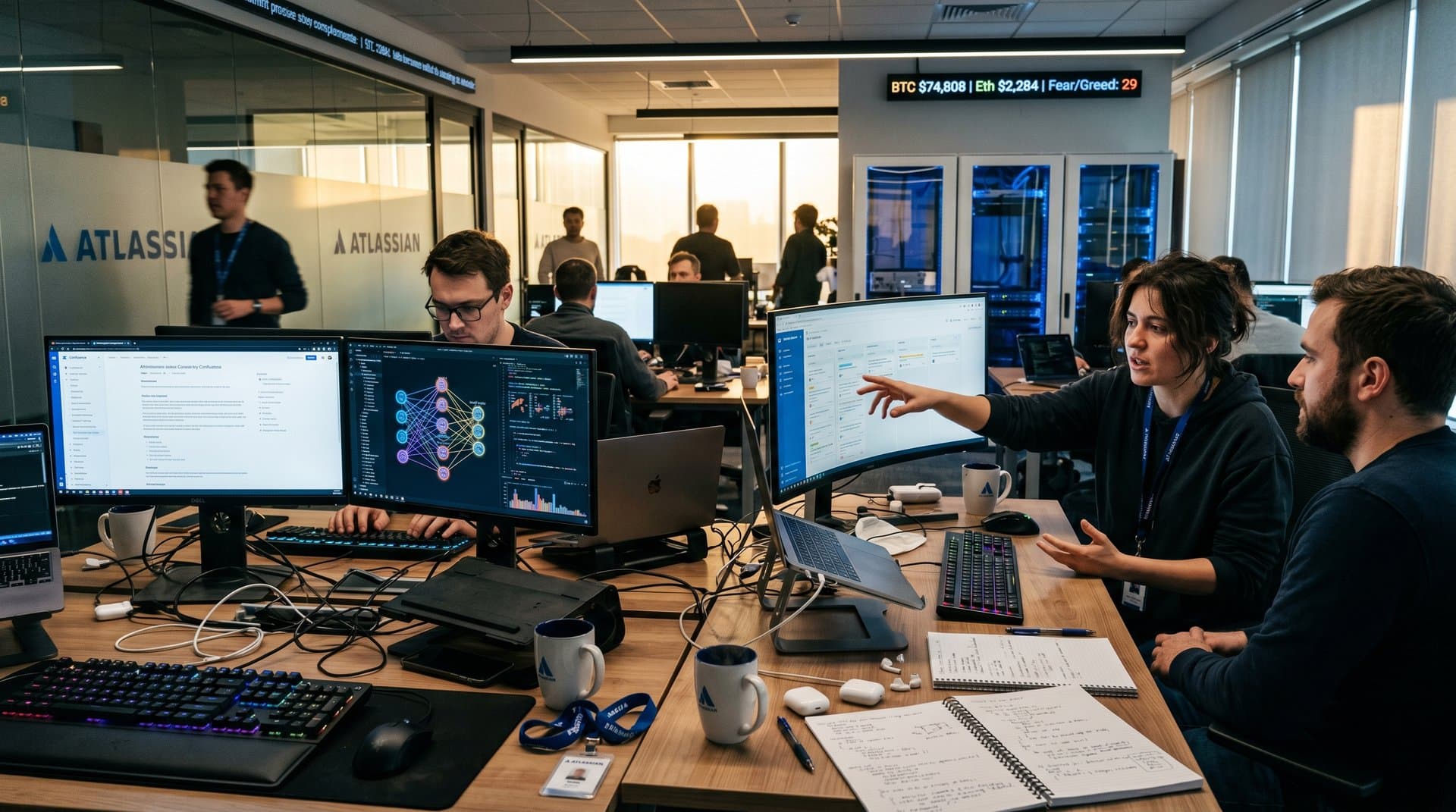 Atlassian workspace screens showing Jira boards, Confluence pages, AI data visualizations, and crypto tickers with BTC at $74k and Fear at 29