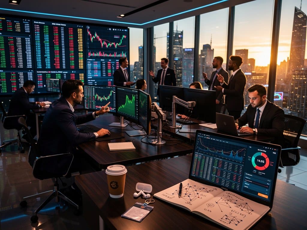Trading floor with Bloomberg terminals showing BTC at $75,562, Fear & Greed at 29, and Qwen3.6-Max-Preview AI benchmarks