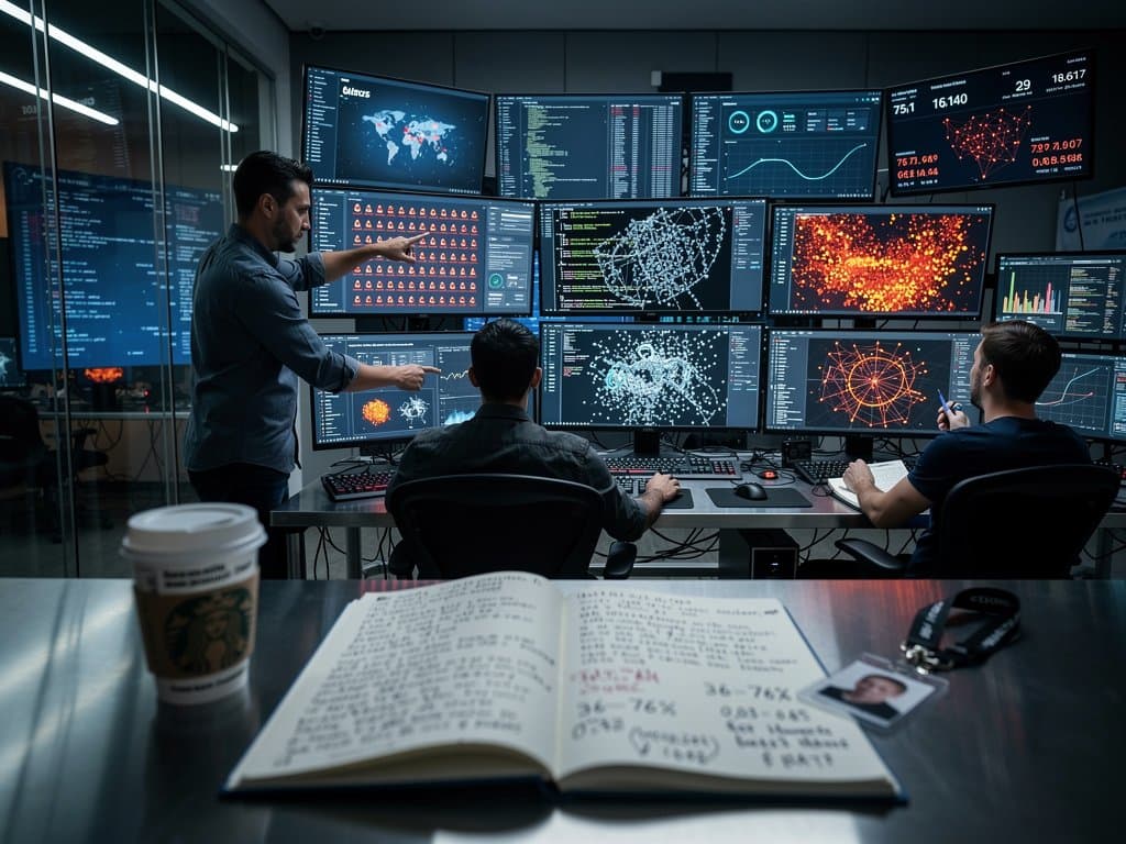 Cybersecurity team monitors GitHub fake stars and blockchain analytics on glowing multi-screen dashboards in high-tech operations center