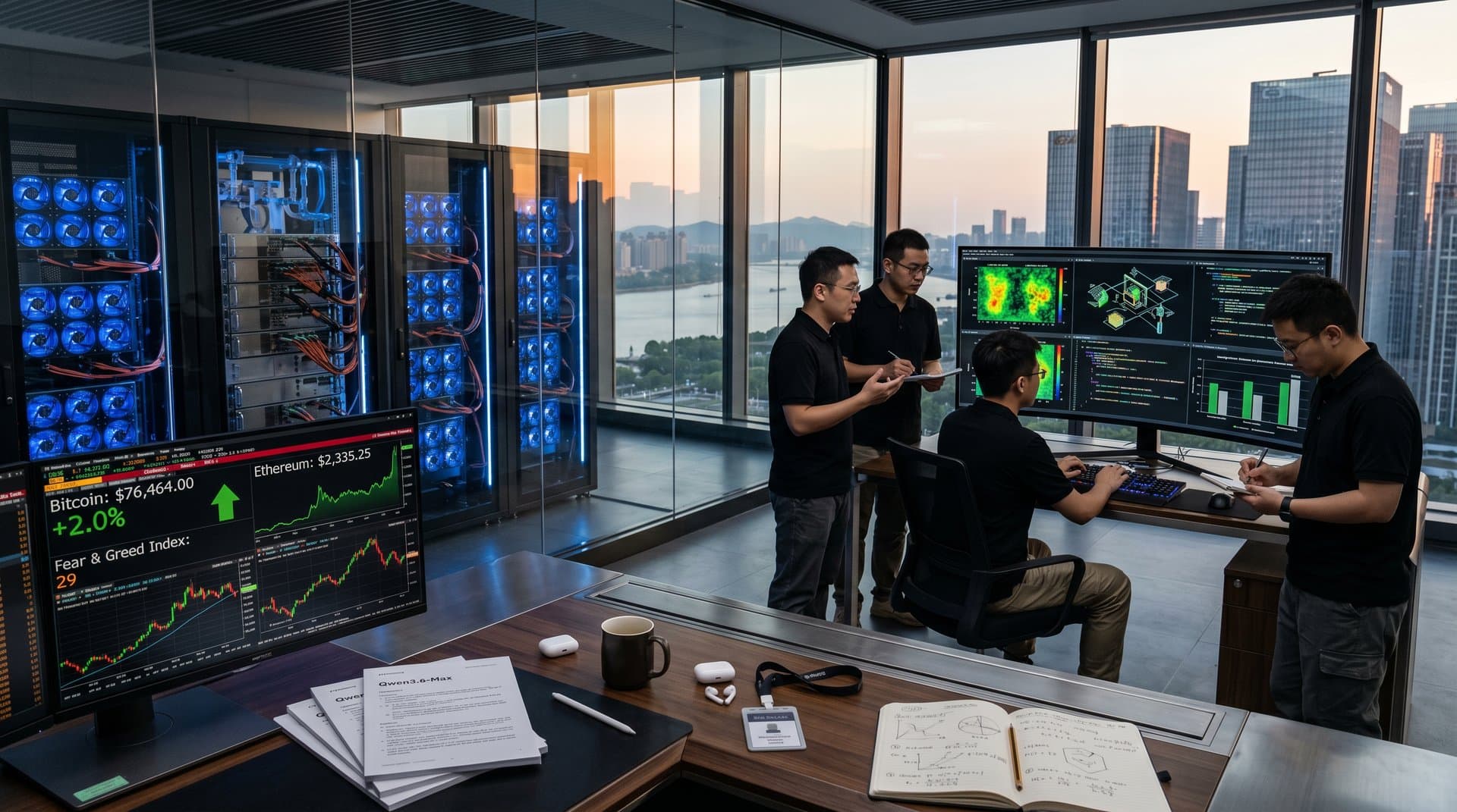 Alibaba Cloud engineers review Qwen3.6-Max AI models amid crypto charts and server racks