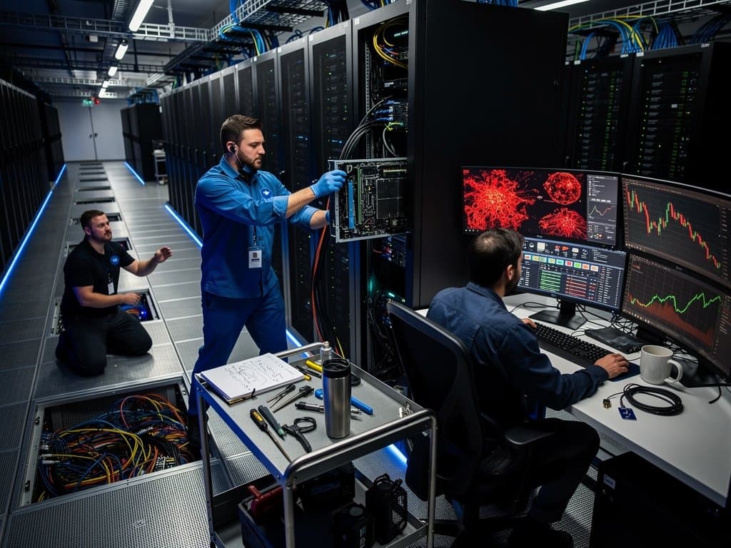 Engineers service AI servers amid glowing racks and threat monitors in a high-security Tier IV data center