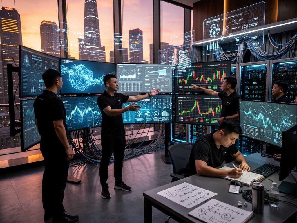Futuristic Alibaba AI lab with Qwen3.6-Max neural graphs on monitors and crypto charts amid GPU server racks