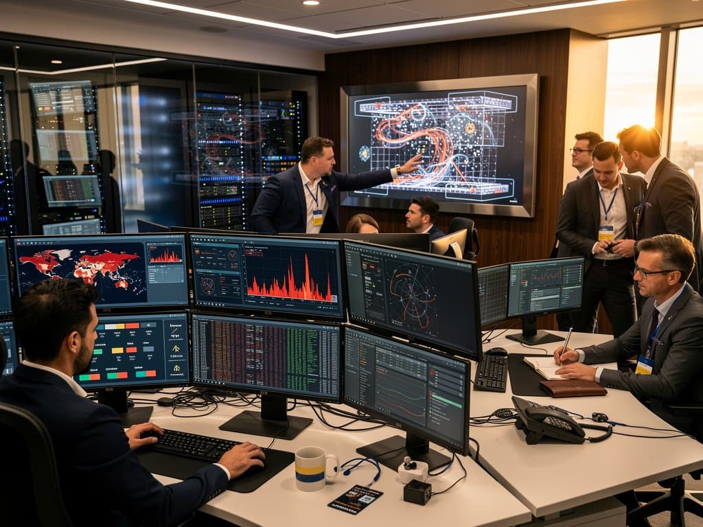 EU Commission cybersecurity team analyzes Brussels age-check app hack on multi-monitor setups amid server racks and threat dashboards