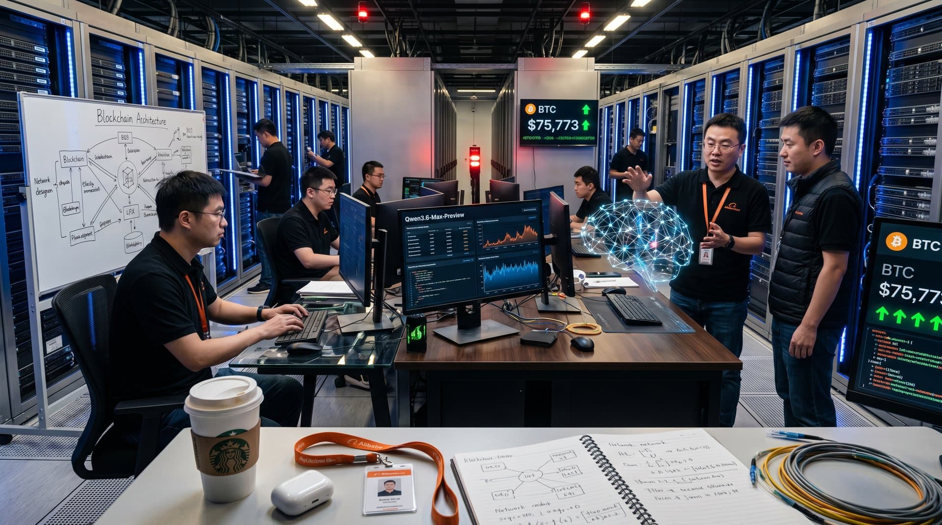Alibaba AI lab with Qwen3.6-Max-Preview benchmarks and crypto charts on displays amid server racks