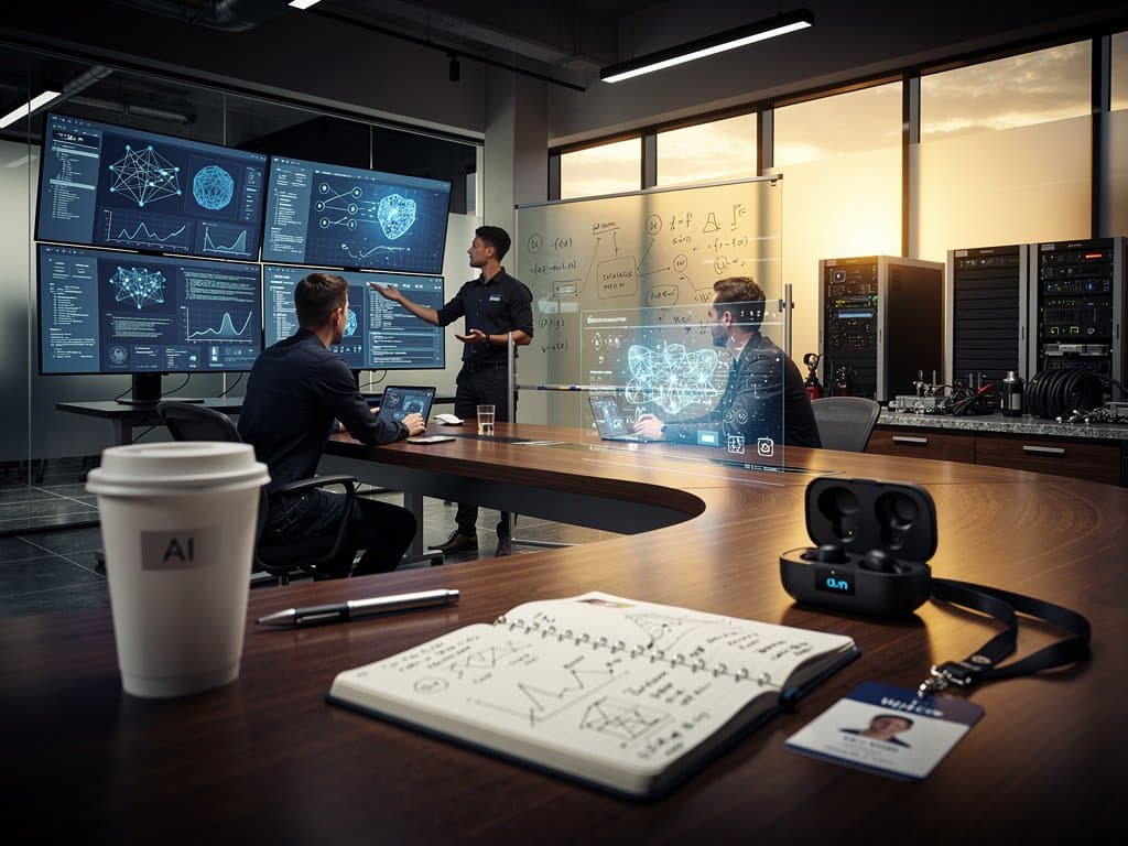 Modern AI lab with monitors showing Qwen3.6-Max neural networks, data visualizations, and benchmarks in high-tech environment