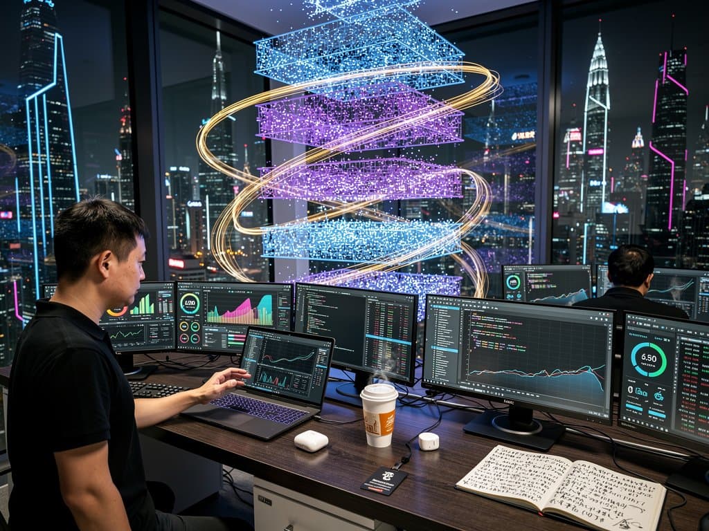 Alibaba Cloud AI lab with engineers at desks showing Qwen neural nets, code, GPU servers, modern Chinese tech environment